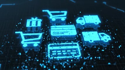 Glowing Digital Illustration of E Commerce Icons Featuring Shopping Carts, Delivery Trucks, and Futuristic Technology for Online Shopping Deals and Cyber Monday Excitement