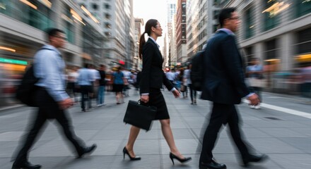 Business people walk on a city street blurred motion buildings in background.