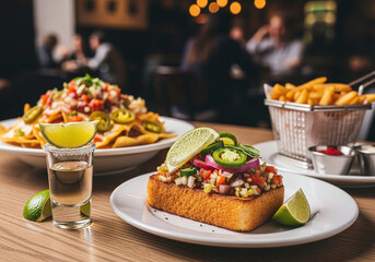 Enjoy vibrant restaurant appetizers and a tequila shot, perfect for happy hour gatherings and casual dining experiences with friends in a modern setting