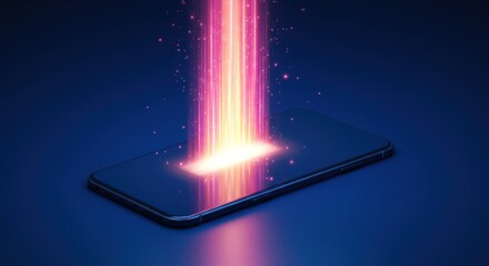 Smartphone with bright pink light beam emanating from its screen on dark background.