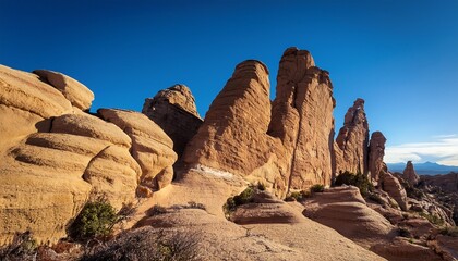 Dramatic Geological Formations Of Weathered Rock Under A Clear Blue Sky