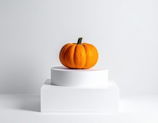 Vibrant orange small pumpkin rests on stacked white geometric blocks against a bright simple studio background, ready for autumn.