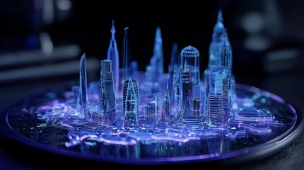 Close up view of a futuristic cityscape model glowing with blue and purple light. The model is detailed and sits on a dark reflective surface. - Powered by Adobe
