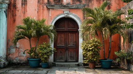 Fototapeta premium Ornate wooden door framed by climbing green plants on a stone building