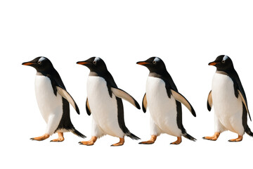 Fototapeta premium Group of four penguins walking side by side, realistic style, isolated on white background, concept of wildlife element or clean design layout. Ai generative