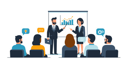 Obraz premium Business presentation with male and female presenters showing growth chart to audience in meeting,