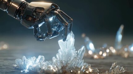 Close up view of a metallic robotic hand delicately interacting with glowing, translucent crystals on a dark background. Futuristic and detailed. - Powered by Adobe