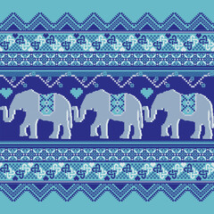 Seamless Thai pixel art pattern with elephants in blue tones, decorated with ethnic ornaments. Perfect for textiles, wallpapers, wrapping, and cultural design.