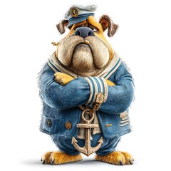 Cartoon Bulldog Sailor Mascot in Blue Uniform with Anchor Isolated on White