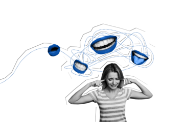 Composite photo collage of upset girl shut ears faceless mouth mock abuse hate bullying stereotype isolated on painted background