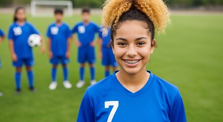 Young soccer player with braces smiling proudly in her blue jersey on the field with teammates in the background representing team spirit and athleticism