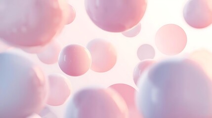 Soft, pastel pink and blue spheres floating in a gentle, luminous atmosphere, creating a serene and dreamy visual.