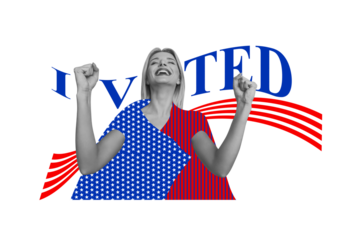 Creative collage picture young cheerful woman celebrate victory election voted campaign president government authority choose america flag