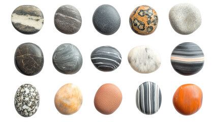 A collection of smooth. polished stones in various colors and patterns arranged in a grid format. natural textures and hues. ideal for use in design or decorative projects