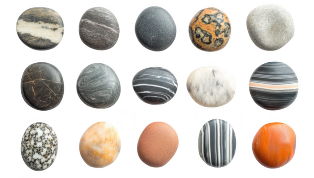 A collection of smooth. polished stones in various colors and patterns arranged in a grid format. natural textures and hues. ideal for use in design or decorative projects