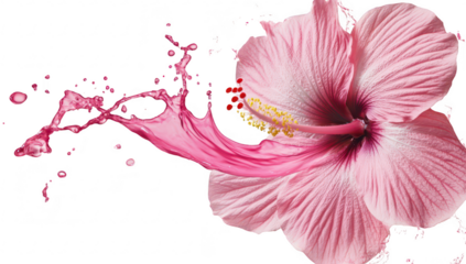 A pink hibiscus flower with splashes of water creatively captured against a soft pastel background. symbolizing freshness and beauty. suitable for nature-themed designs or marketing materials
