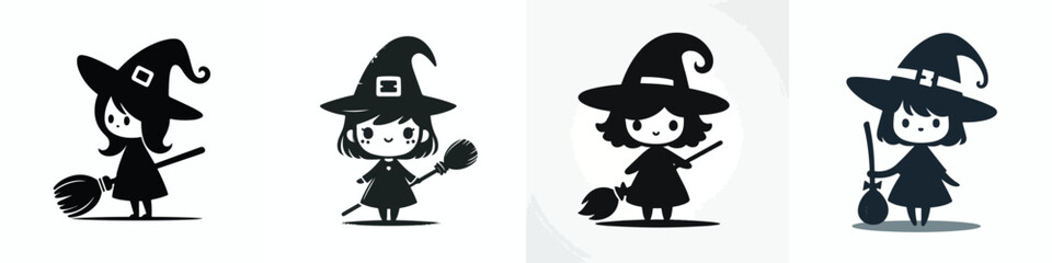black and white vector cute little witch halloween
