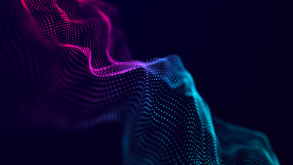 Futuristic wave of musical particles. Stream of running data. 3D rendering