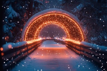 Bridge illuminated in snow.