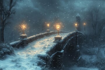 Man walking on snowy bridge