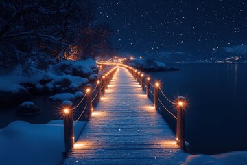 Wooden bridge illuminated with lights in snow.