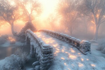 Snow-covered bridge over serene water with trees.