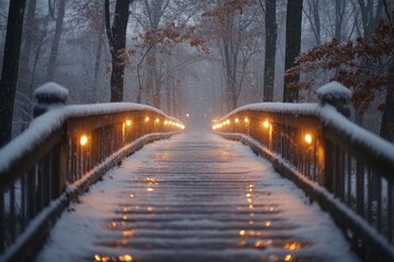 Snow-covered bridge illuminated with lights.