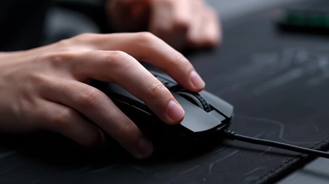 Close up of hand using wired computer mouse black mouse pad, highlighting ergonomic design and smooth surface, showcasing precision and focus modern workspace or gaming setup with advanced technology