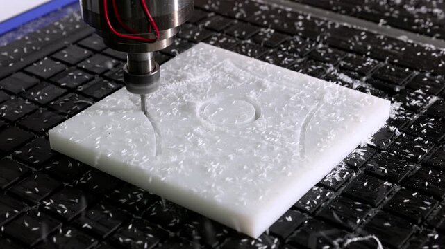 A CNC router machine working on a white plastic block, engraving a pattern with high precision in close-up