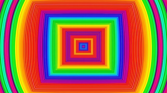 A vibrant, psychedelic optical illusion featuring concentric squares in a rainbow gradient, creating a tunnel effect.