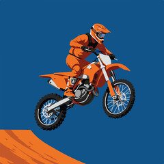 Obraz premium Orange dirt bike rider jumps in the air off a hill against a blue background