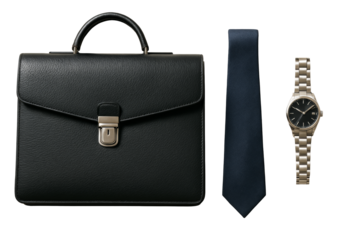 Black leather briefcase, navy blue tie, and silver wristwatch presented in a clean layout, isolated on white background, concept of business style. Ai generative