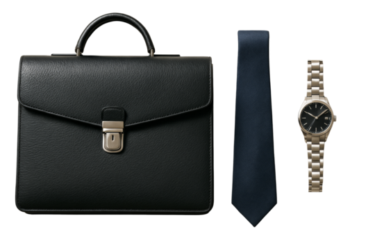 Black leather briefcase, navy blue tie, and silver wristwatch presented in a clean layout, isolated on white background, concept of business style. Ai generative