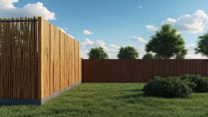 Fototapeta premium Wooden Fence and Green Grass Backyard Scene with Blue Sky and Clouds.
