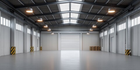Fototapeta premium Interior of large empty warehouse with high ceilings and industrial lighting