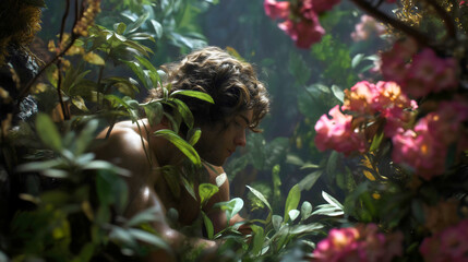 The biblical character of Adam hiding in the Garden of Eden, a sad and shameful man after committing the original sin, a story from the bible's book of Genesis about disobedience and regret.

