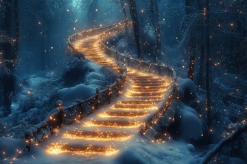 Fireflies lighting up a stairway in the woods.