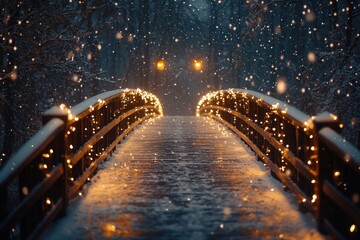 Snow-covered bridge with glowing lights.
