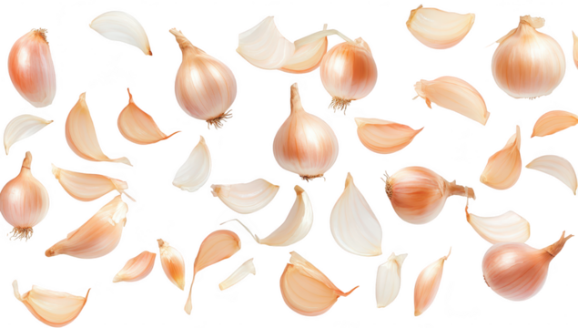 A arrangement of whole and sliced onions scattered artistically on a white background. their texture and color. ideal for culinary or food-related projects
