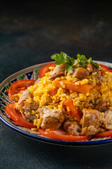 Closeup of traditional pilaf with meat and rice