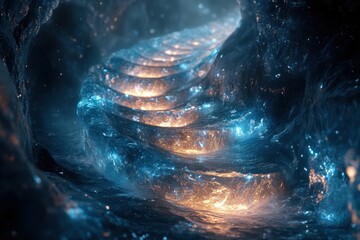 Glowing lights illuminate dark cave entrance.