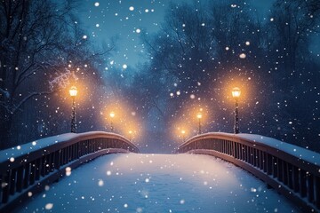 Snow-covered bridge with lights on.