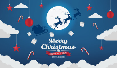 3D vector illustration of Christmas and New Year card with paper cut silhouette of Santa Claus riding a sleigh and deer over a full moon, blue sky with clouds, hanging gifts, candy canes.