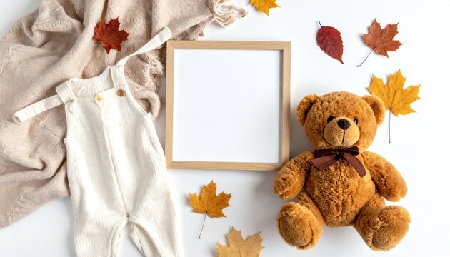 Autumn baby clothes flat lay with teddy bear, knitted blanket, frame, brown overalls, and yellow leaves on beige background. - Powered by Adobe
