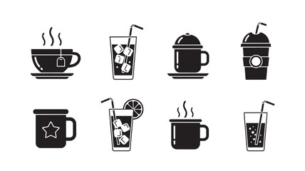 Set of black and white drink icons vector line design for menu cafe and restaurant isolated on white