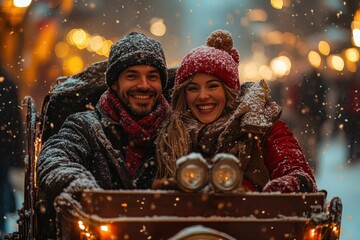 Couple in horse-drawn carriage in snow.