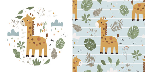 Children's set of poster and seamless pattern with cute giraffes.