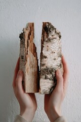 Hands holding split birch firewood against white background