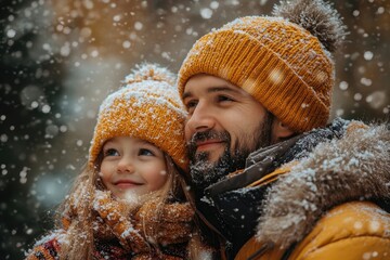 Man and girl playing joyfully in snow.