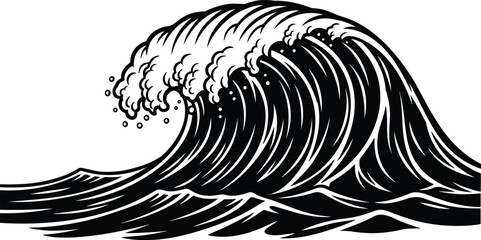 Ocean Wave Silhouette Vector Illustration with Cresting Surf
